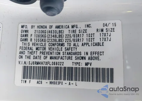 2015 Honda Cr-V Ex-L z USA, uszkodzony, nr VIN 5J6RM4H7XFL068022